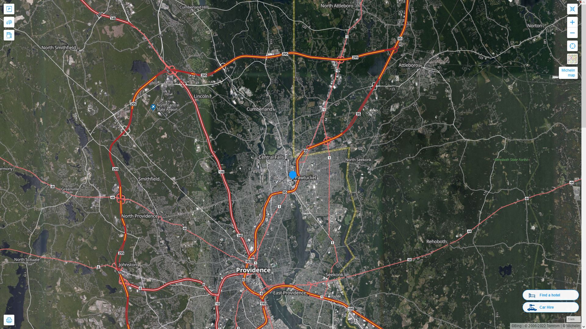 Pawtucket Rhode Island Highway and Road Map with Satellite View